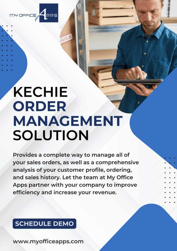 Kechie Order Management Solution provides a complete way to manage all of your sales orders, as well as a comprehensive analysis of your customer profile, ordering, and sales history. Let the team at My Office Apps partner with your company to improve efficiency and increase your revenue.