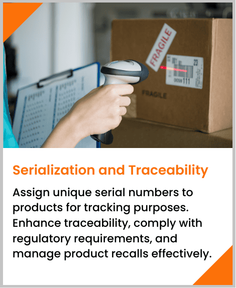 Assign unique serial numbers to products for tracking purposes. Enhance traceability, comply with regulatory requirements, and manage product recalls effectively.
