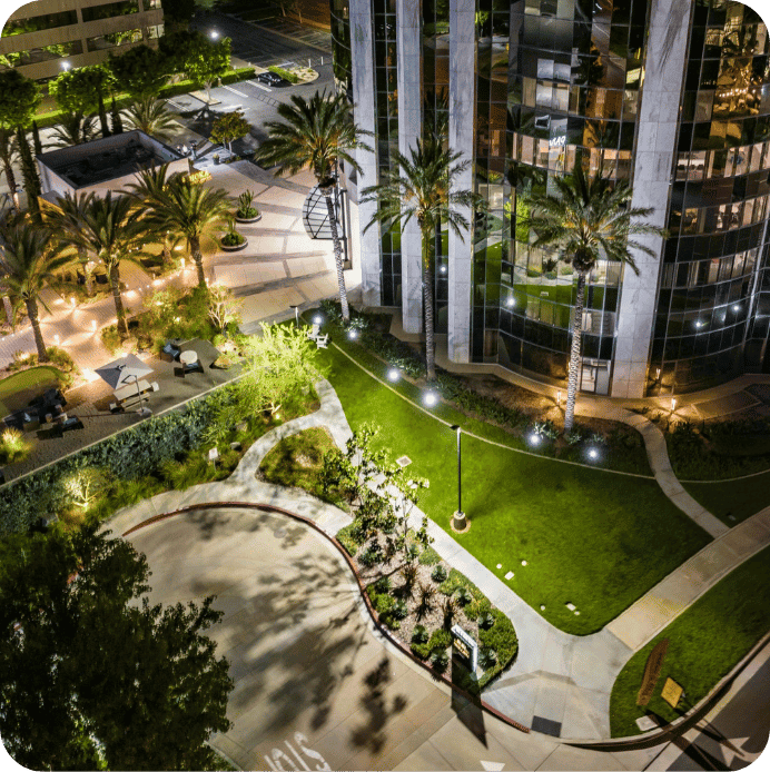 Night time shot of the Airport Tower building.